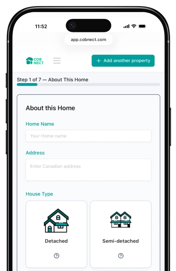 Screenshot showing a preview of the Cobnect questionnaire where users enter their home details and select their house type to begin the virtual home energy assessment.