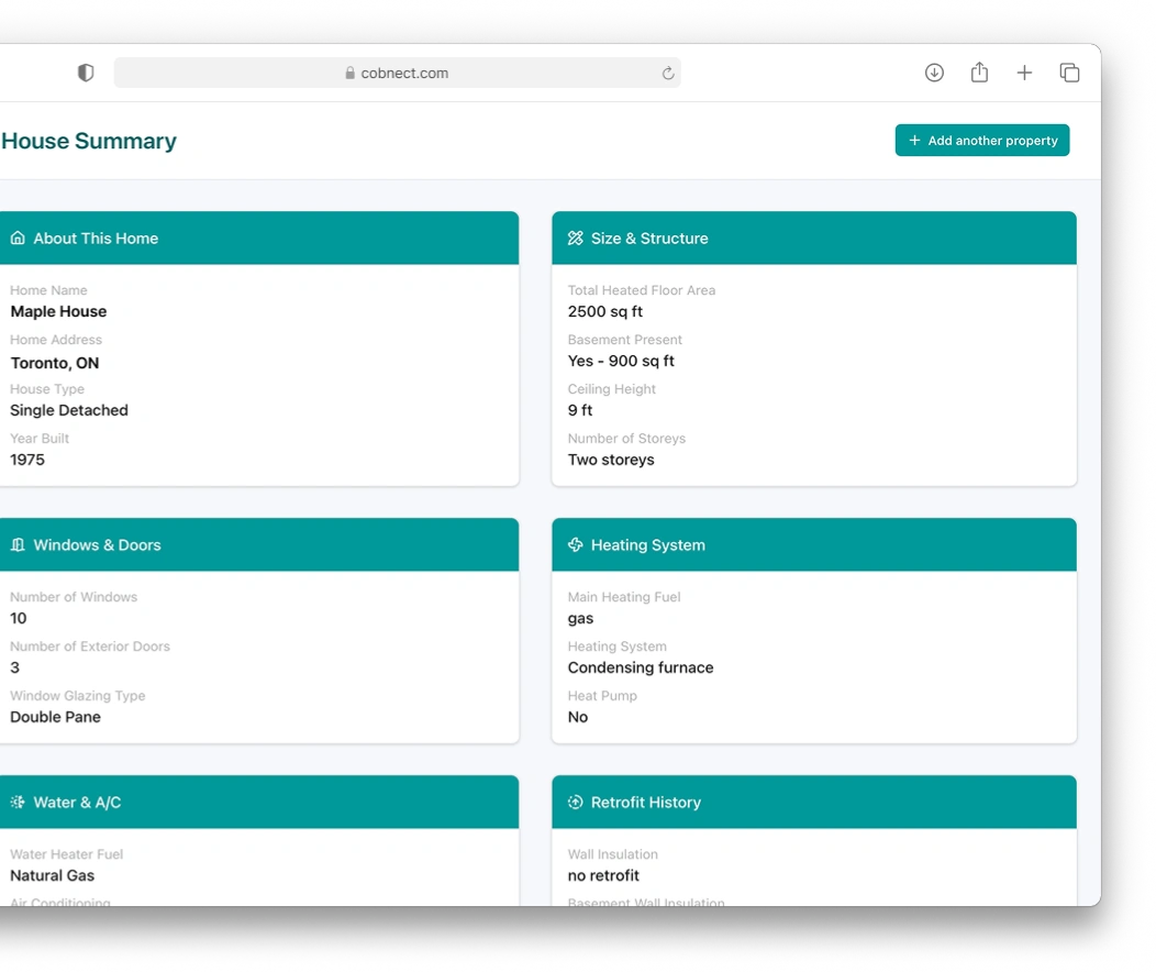 Screenshot of the Cobnect dashboard on a browser showing the house summary, including home details, size and structure, windows and doors, heating system, water and A/C, and retrofit history sections.