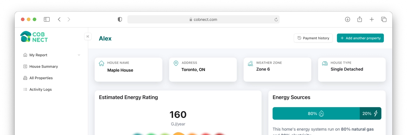 Partial creenshot of Cobnect’s virtual home energy assessment dashboard showing the energy rating, benchmark, energy sources, and partial views of energy use and heat loss sections.