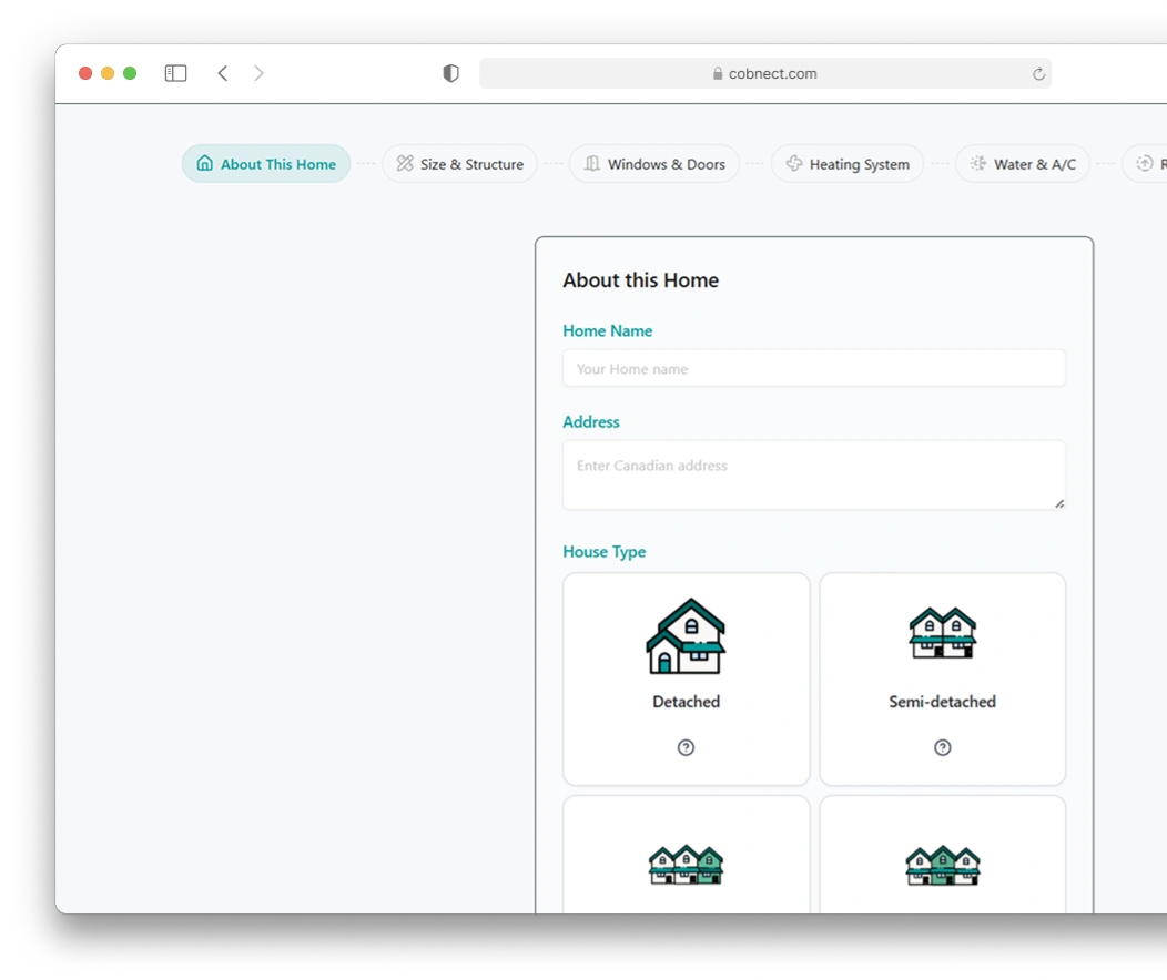 Screenshot showing a preview of the Cobnect questionnaire where users enter their home details and select their house type to begin the virtual home energy assessment on a browser