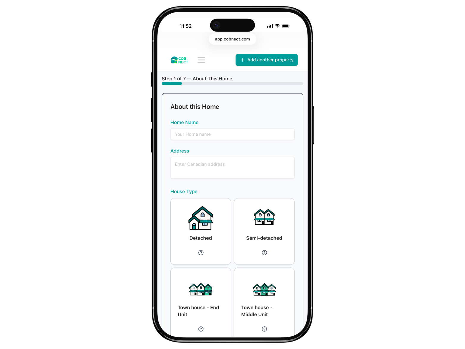 Screenshot showing a preview of the Cobnect questionnaire where users enter their home details and select their house type to begin the virtual home energy assessment.